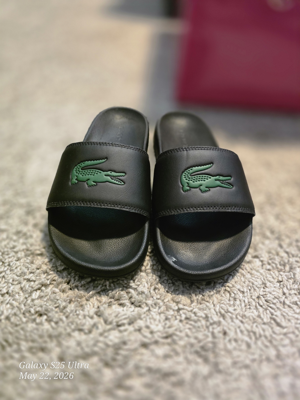 Lacoste Black Slide Sandals with Green Crocodile Logo